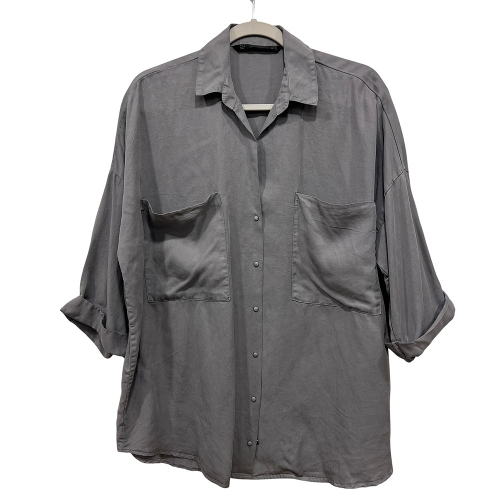 Zara Shirt Button-down Charcoal Grey Oversized Blouse Size M Academia Office